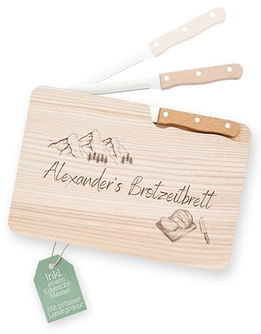 Abenteuernah Brett mit Messer personalisiert, Fahrrad Geschenk, Geschenke für Männer, Messerbrett, Gift for him, Home gift, ideales Geburtstagsgeschenk für Papa Opa Onkel (Berge mit Name)