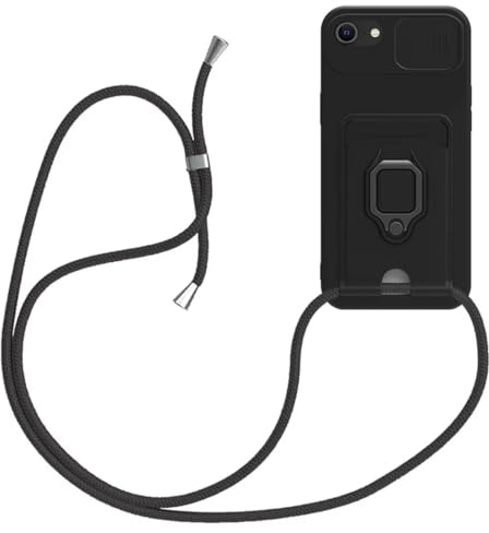 xinyunew Handykette Silikon Hülle für iPhone 16e mit Band, Handyhülle mit Kartenfach, Abnehmbar Kordel Kette, 360 Grad Ringhalter Stand Kartenfach Stoßfeste Schutzhülle,Schwarz