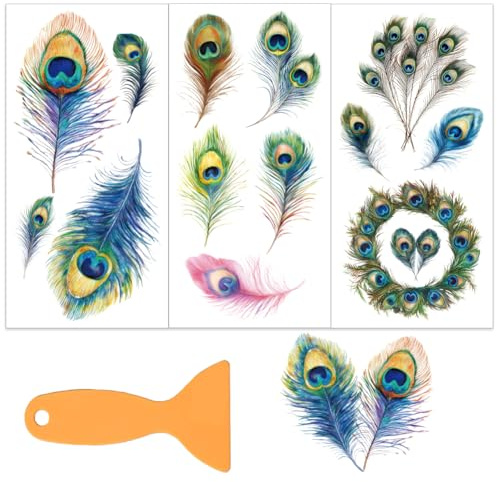 OLYCRAFT 3 Stück/Set Pfauenfeder Transferfolien Zum Aufreiben Für Möbel Und Kunsthandwerk 15x30cm Große Feder Aufkleber Transferaufkleber Zum Aufreiben Mit 1 Teiligem Schaber Für Holzmöbel