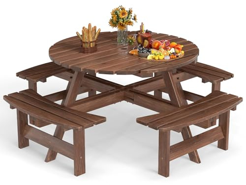 GIANTEX Salon de Jardin 8 Personnes en Bois de Sapin, Table de Jardin Extérieure avec Chaises, Trou de Parasol, pour Réunion Familiale, Fête, Anniversaires en Extérieur, (Marron,179 x 179 x 70 cm)