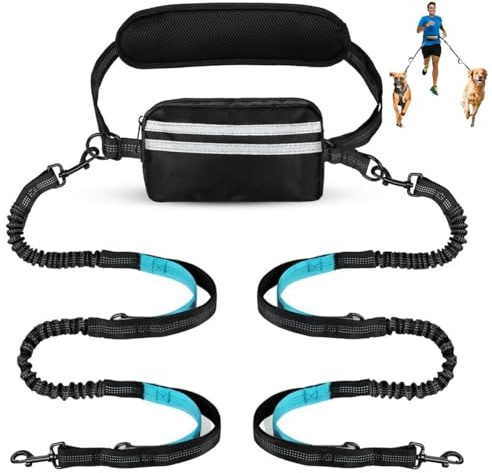 Hands Free Dog Leash with Pouch, Dual Attachment for Two Dogs, Retractable Bungee with Double Padded Handles, Waist-Mounted for Running,Walking, Jogging Friendly Dog Accessories (Black/Mint Green)