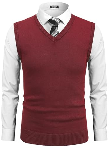 COOFANDY Chaleco sin mangas para hombre, clásico, ajustado, ropa de punto, cuello en V, casual, liso, suéter sin mangas, rojo oscuro, L