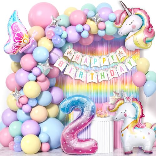 Cleboen Einhorn Deko Kindergeburtstag Mädchen 1 2 3 4 5 6 Jahre, Pastell Luftballon Girlande mit Einhorn Luftballon Lametta Vorhang, Einhorn Kindergeburtstag Decorations Party Deko (2 Jahre Alt)