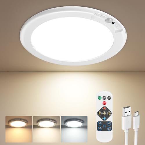 Akku Deckenleuchte Aufladbar mit Bewegungsmelder LED Lampe Batterie Deckenlampe Innen Ohne Stromanschluss USB Kabellose Licht mit Fernbedienung 3 Farbtemperaturen für Badezimmer Keller Flur Garage