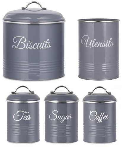Innoteck 5 Pc Kitchen Canister Set – Airtight Biscuit Tin, Tea, Coffee, Sugar & Utensil Storage – Durable Powder-Coated Tin with Stylish Grey & White Design, Grey