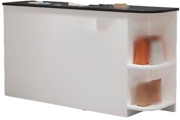 Modernt receptionsskrivbord med lådor, snygg välkomsträknare för kontor och salong, kompakt öppen framsida kassabell i vitt och svart, perfekt för receptionen.