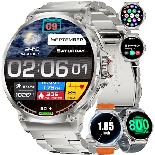 Montre Connectée Homme avec Appel Bluetooth, Batterie 800mAh Smartwatch avec 1,85'' HD Grand Écran,24/7 Suivi de la Santé,100+ Sportifs Suivi de Fitness Calories/Etanche 5ATM, 3 Bracelets, Android iOS