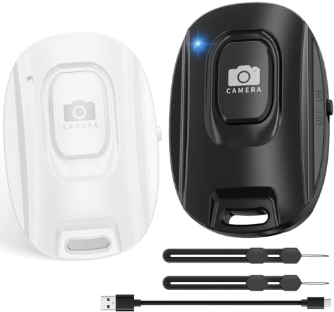 VYVIYON Bluetooth-Kameraauslöser für iOS & Android Smartphones | Wiederaufladbare Fernbedienung mit Selfie-Knopf für Fotos/Videos, inkl. Ladekabel & Handschlaufe (2er Pack)-Black&White
