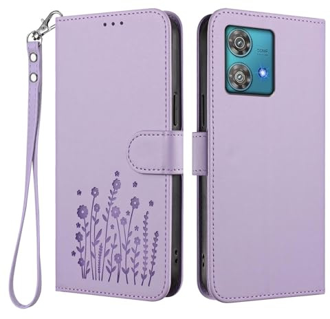 WBWONE Funda Cartera para Motorola Moto Edge 40 Neo, Carcasa de Cuero Diseño Floral Elegante, Soporte Plegable & Protección Antigolpes - Púrpura Claro