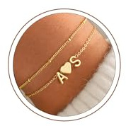 Turandoss Damarmband i guld med 2 initialer, 14K guldpläterat hjärta armband dam A-Z initial brev tjej armband, personlig smycken present till tjej flickvän mamma, Mässing
