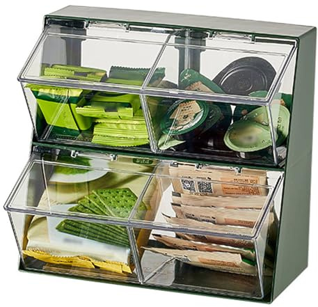 Allayu Porte-sachets de thé empilable Tea Experience, avec 4 Compartiments et Couvercle Transparent, Anti-poussière et Couvercle en ABS Double Couche, Vert