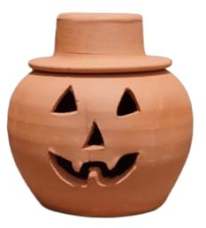 Terracotta Jack-o'-Lantern Pumpkin with Witch Hat – Handmade Clay Halloween Decoration – Rustic Fall Centerpiece – 2-Piece Natural Pumpkin Planter – Indoor Outdoor Autumn Decor