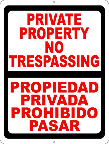 XingFox Letrero metálico bilingüe de Prohibido el paso a propiedad privada. Señales de seguridad en inglés y español para exteriores e interiores, 8 x 12 pulgadas.