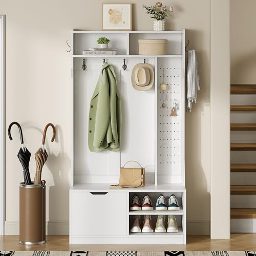 Refined Garderobenset Komplett-Set Flurgarderobe mit Sitzbank 6 Haken 1 Türen & 4 Offener Lagerraum Weiß 100×185.5×40 cm