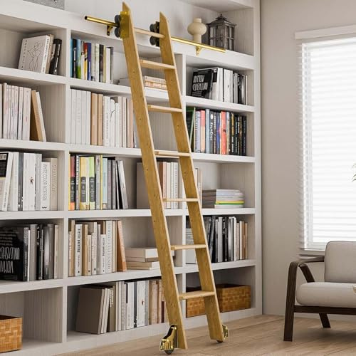 Ferramenta per scale scorrevoli dorate con binario sospeso e ruote frenanti | Set completo di ferramenta mobile con sistema a rulli | Casa, soffitta, librerie(Non-telescopic,244cm Kit pista)