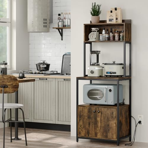 Crehomfy 5-Tier Bakers Rack with Power Outlet, Industrial Microwave Oven Stand with Storage, Kitchen Storage Shelf with Cabinet, Coffee cart, Standing Storage Rack (Rustic Brown)
