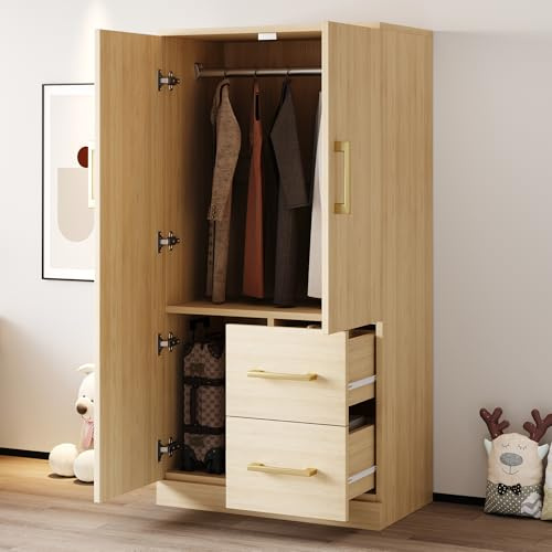 Terahanda Kleiderschrank 70 x 40 x 135 cm, Doppeltür-Design mit Schubladen und Staufächern, Kinderkleiderschrank, Einzelkleiderschrank (Holzfarbe)