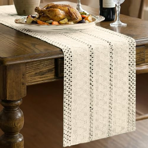 HIVTE Camino de Mesa de Algodón y Lino Tejido 30x183 cm, Beige Bohemio Rústico Estilo Granja para Decoración de Cocina Comedor