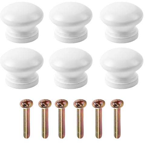 Naseom 6 Pezzi Pomelli per Armadi, Pomelli Rotondi in Legno Maniglie, Pomelli per Mobili con Viti, Pomelli per Cassetti, per Porta, Guardaroba, Armadi e Cassetti, Accessori Mobili (Bianco)