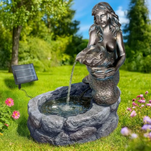 Solar Gartenbrunnen mit 5W Li-Ion-Akku-Solarpanel 9V 555mAh LED-Licht Teichpumpe Meerjungfrau Fördermenge 250l/h 60.000 Stunden für außen Terrasse, Balkon