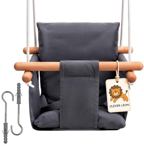 Clever Leon Altalena per Neonati e Bambini - Altalena da Interno in 100% Cotone e Legno di Faggio - Cintura di Sicurezza - Regolabile in Altezza - fino a 30 kg - Cuscino Grigio