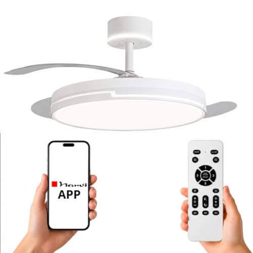 NARVI Ventilador de Techo Blanco con Cabezal Iluminado y Luz LED Regulable, Motor DC Silencioso, Lámpara Ventilador con Mando a Distancia, 3 Aspas Retráctiles, BRASIL 7030 CABEZAL
