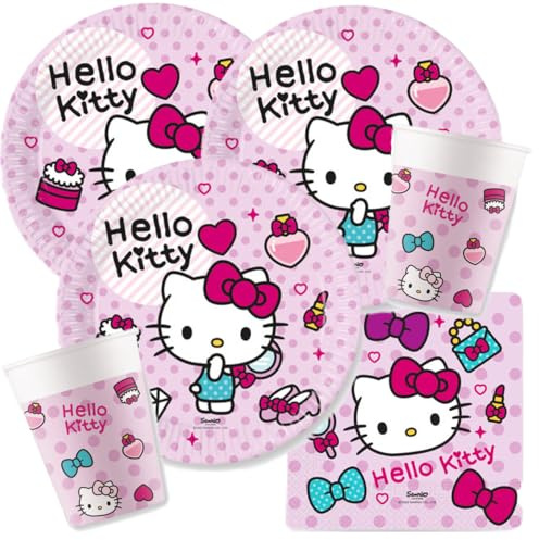 Procos Party Set Hello Kitty – Fashion Stylish, 36 delar | Papptallrikar, pappersmuggar, servetter, för 8 barn