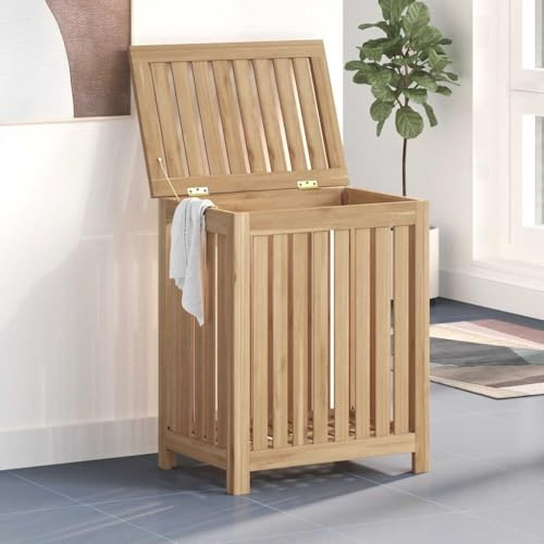 Augerlite Tvättbehållare 50 x 35 x 60 cm i teak massivt trä med lock ribbdesign, ventilerad tvättkorg för badrum sovrum tvättstuga, förvaring för handduk strumpa underkläder ordning