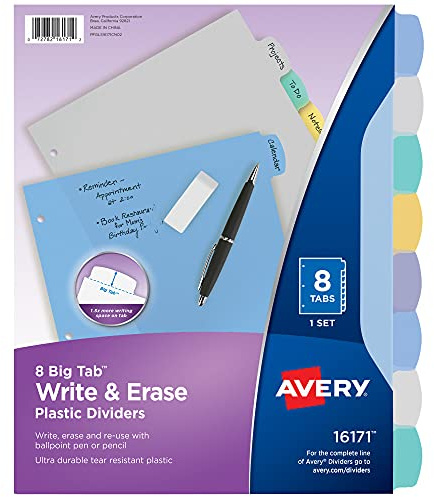 Avery® Durable Write-On Plastic Dividers with Erasable Tabs,11 x 8 1/2, Multicolor, 8 Tabs