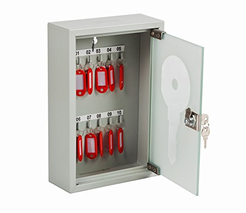 OfficeForce Schlüsselkasten Milchglas weiß für 10 Schlüssel – Abschließbarer Schlüsselschrank aus Metall mit Glastür 20x30x8 cm, inkl. Schlüsselanhänger & nummerierter Hakenleiste für Büro & Werkstatt