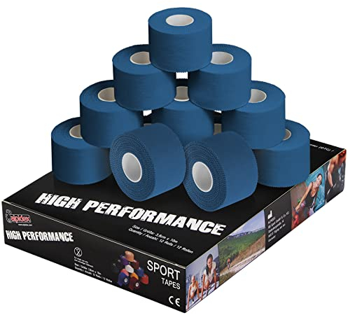 ALPIDEX 12 x Cinta Adhesiva Deportiva 3,8 cm x 10 m Diferentes CoIores Sport Tape 100% Algodón Inelástica Balonmano Fútbol Voleibol Escalada, Color:azul