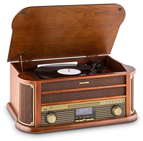 Auna Belle Epoque 1908 - Giradischi Vintage, Radio Digitale, Giradischi Vinili in Design retrò, Dab+, FM, Bluetooth, Lettore CD, MP3, Funzione RDS, Cassetta, USB, Marrone