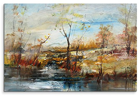 Sinus Art Wandbild 90x60cm Fotodruck aus Ölgemälde - Bäume am Wasser auf Leinwand für Wohnzimmer, Büro, Schlafzimmer, Ferienwohnung u.v.m. Gestochen scharf in Top Qualität
