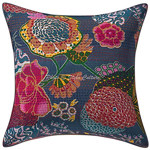 Stylo Culture Indio Fundas para Almohadones Decorativos 40x40 cm Algodón Tropicana Fundas Cojines Sofa Gris 16x16 Inch Kantha Impreso Cuadrado sobre Fundas Almohadones para Sillas - 1 Pc