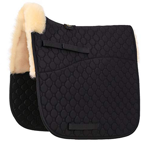 Merauno Echtes Lammfell Satteldecke Lammwolle Schabracke Dressur- und Spring-Eventing-Pad mit Lammwolle und gesteppter Baumwolle (DR(Dressur),Schwarz mit Natur Lammwolle)