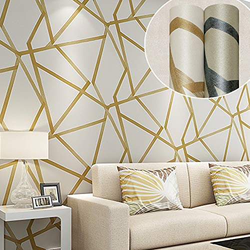 Rollo de papel tapiz no tejido texturizado texturizado con relieve geométrico abstracto azul dorado plateado para dormitorio, sala de estar, 1.73 pies de ancho x 32.8 pies de largo = 5.3 m² (oro