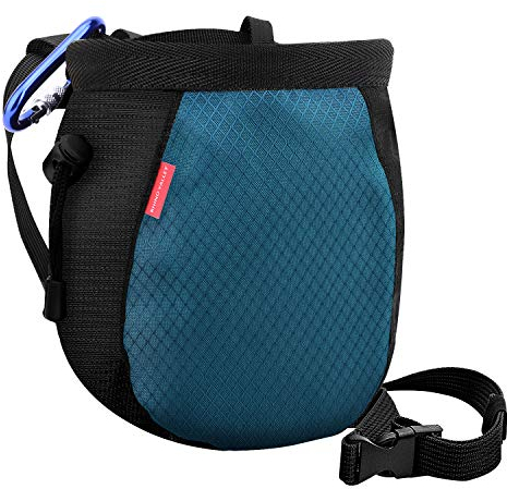 Rhino Valley Klettern Kreide Tasche, Auslaufsicher Kordelzug-Kreidebeutel mit verstellbarem Gürtel, Karabinerhaken und Reißverschluss Chalk Bag für Klettern, Gymnastik & Mehr - Schwarz & Königblau