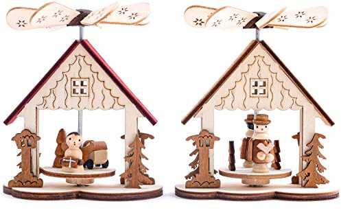 BRUBAKER 2er Set Weihnachtspyramide Adventshaus - 2 Motive: Jesuskind mit Engel/Erzählfiguren mit Buch - Holz Tischpyramiden je 10,5 cm - handbemalte Figuren