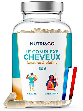 NUTRI & CO Biotine Cheveux avec Kératine Brevetée + Vitamine B8 - Accélère la Pousse des Cheveux & des Ongles - Complément Alimentaire pour Cheveux - 60 gélules Vegan Fabriqué en France