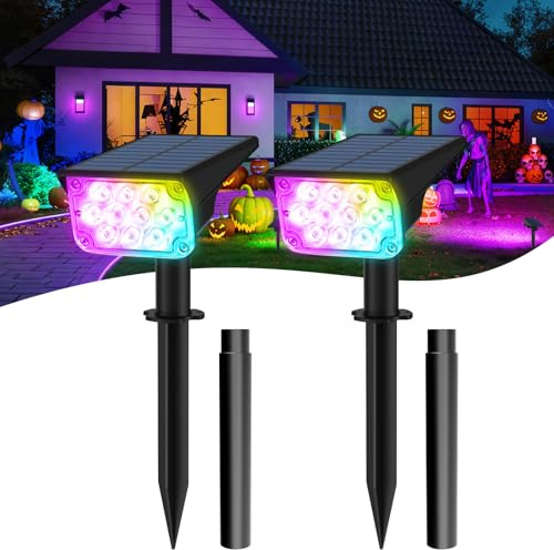 T-SUNUS Solarstrahler für Außen Garten RGB, Gartenstrahler Solar mehrfarbig 7 Farbwechsel 2 Farbmodi, Solarlampen für Außen IP65 Wasserdicht Auto ON/OFF für Baum Hof Gehweg