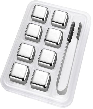 Stainless Steel Ice Cubes, 8-PCS Reusable Whiskey Stones, Chilling Stones for Wine with Non-Slip Ice Tongs & Freezer Storage Tray
