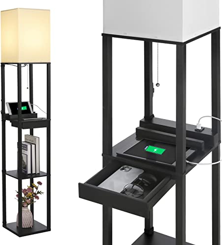 Neoglint Stehlampe Wohnzimmer 1.6m Stehlampe Dimmbar Led Mit Regal Einstellbare Farbtemperatur Mit E27-glühbirne 2 Usb-ladeanschlüsse Schublade Zugkette Wohnzimmer Büro Arbeitsbereich