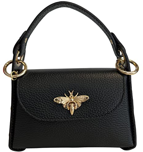 Modarno Mini-Tasche aus echtem Dollar Leder mit Karabinerverschluss in Bienenform, seitliche Nieten, abnehmbare Metallkette, Ledergriff