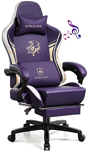 GTPLAYER Gaming Stuhl Gamer Stuhl mit Bluetooth-Lautsprechern und Fußstütze, Dragon Series Bürostuhl, Ergonomischer Drehsessel, Computerstuhl 150KG,Lila