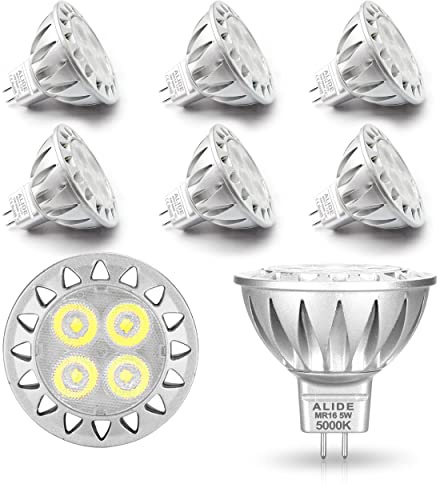 ALIDE 5W MR16 5000K Daylight White Led Bulbs GU5.3, MR16 20W 50 Watt Halogen Replacement, 12V Low Voltage Light Bulb for Accent Outdoor Landscape Track Lighting,Not Dimmable,500lm,38 Deg,6 Pack