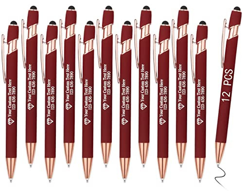 OXYEFEI Rosegold Kugelschreiber mit Gravur, 1mm 12 Farben Optional mit Stiftspitze Personalisierte Stifte Hochwertig Metall Touchpen mit Text Muster oder Logo für Touchscreens(12 Stück, Tiefrot)