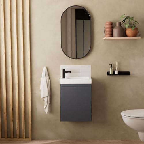 MOB-IN Meuble Lave-Mains Lisa + Robinet Noir + Miroir Ovale