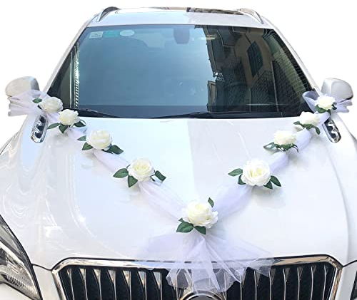 Wambere Autoschmuck Hochzeit Braut Paar Rosen Deko,Auto Blumenschmuck Hochzeitsschmuck Hochzeitsauto Deko Dekoration Auto Schmuck Car Wedding Girlande Autodeko Hochzeitsdeko für Hochzeit Party,Weiss