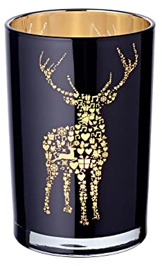 EDZARD Teelichtglas Fancy (Höhe 18 cm, Ø 12 cm), schwarz, innen Gold | Großes Teelichtglas · Hirsch-Motiv leuchtet golden auf · schirmt die Flamme gegen Zugluft ab