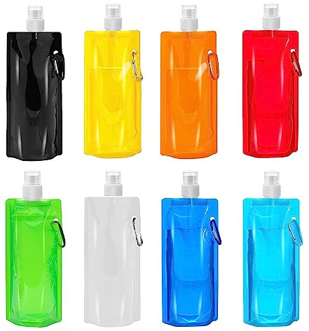 KHDULQ 8 Stück Faltbare Wasserflasche, Faltbare Trinkflasche mit Verbindungshaken,Wiederverwendbare Trinkwasserflasche,Wasser Gewicht Tasche für Wandern, Abenteuer, Reisen(480ML)